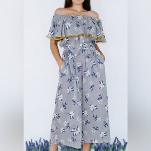 THML APHRODITE Grey & White Striped Floral Off-the-shoulder Jumpsuit